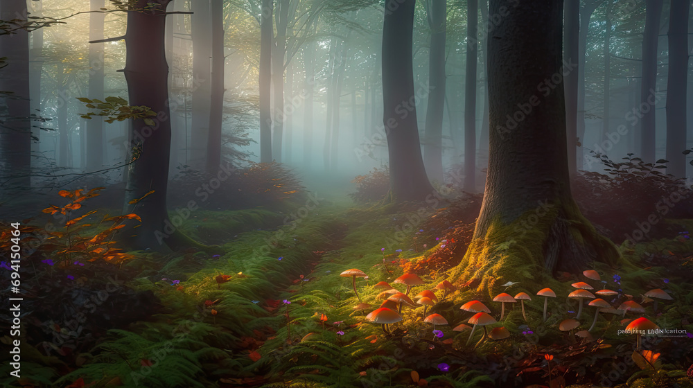 Magic autumn forest. Nature scenery with fog, mushrooms, mossy and green grass. sun casting beautiful rays through the foliage