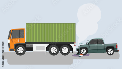 Accident in pickup truck crashed into the back of a container car. Causing damage in front of the pickup truck