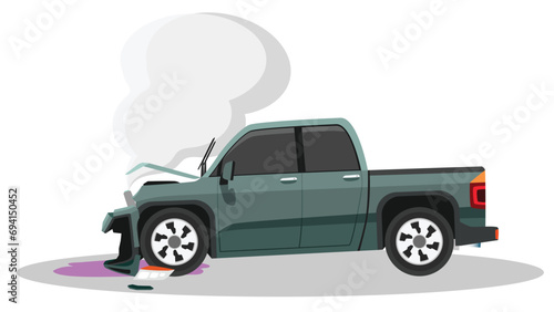 Cartoon accident of pickup car. Bonnet was opened and the front was severely damaged. With smoke coming out from engine the front. There was oil spilling out below.