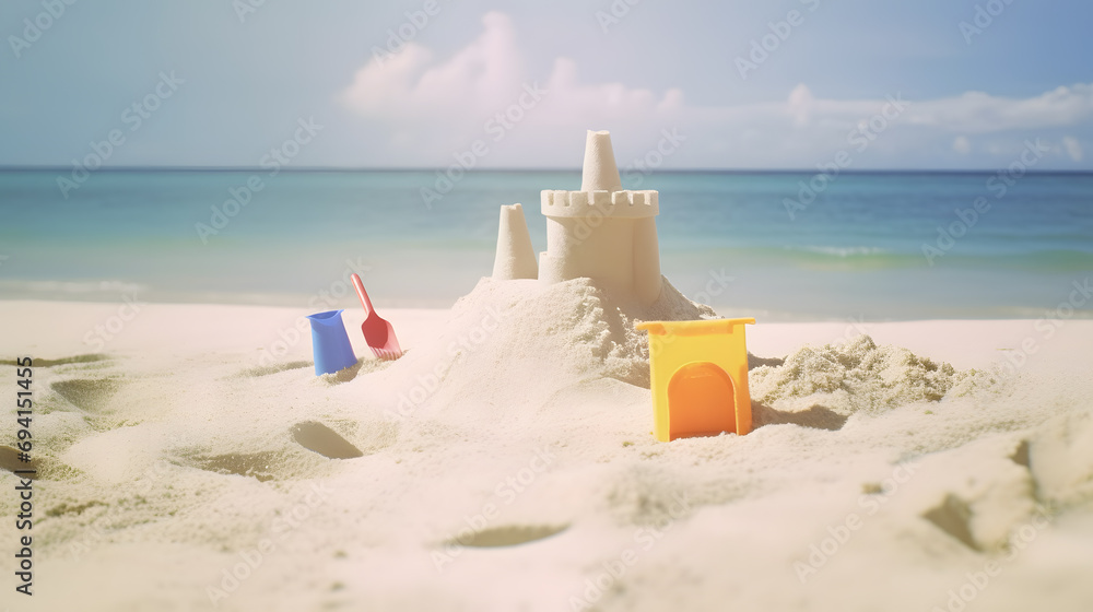sandcastles in the sand at a beach on a sunny day with toy tools laying around sandcastles in the sand at a beach on a sunny day with toy tools laying around