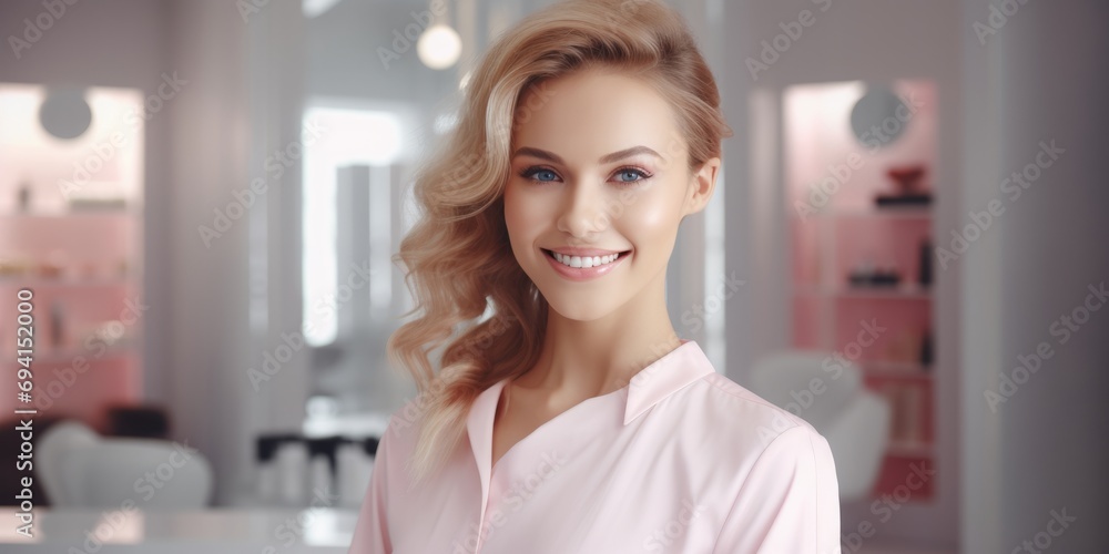 joyful beauty technician welcomes clients in cozy salon, Generative AI