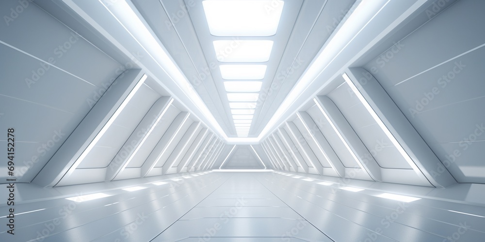 Empty Long Light Corridor. Modern white background. Futuristic Sci-Fi Triangle Tunnel. Minimal technology style scene, abstract leading lights white backgrounds. Empty Long Light Corridor. Modern white background. Futuristic Sci-Fi Triangle Tunnel. Minimal technology style scene, abstract leading lights white backgrounds.