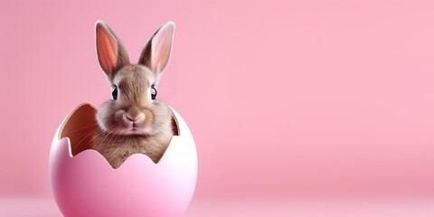 Cute Easter bunny hatching from pink Easter egg isolated on pastel pink background with copy space, Happy Easter banner with adorable rabbit.