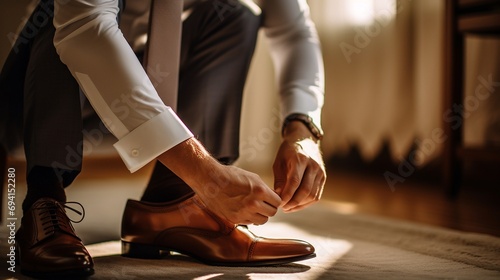 A man in a business suit ties the laces, groom tying shoes getting ready in the morning for the wedding ceremony.