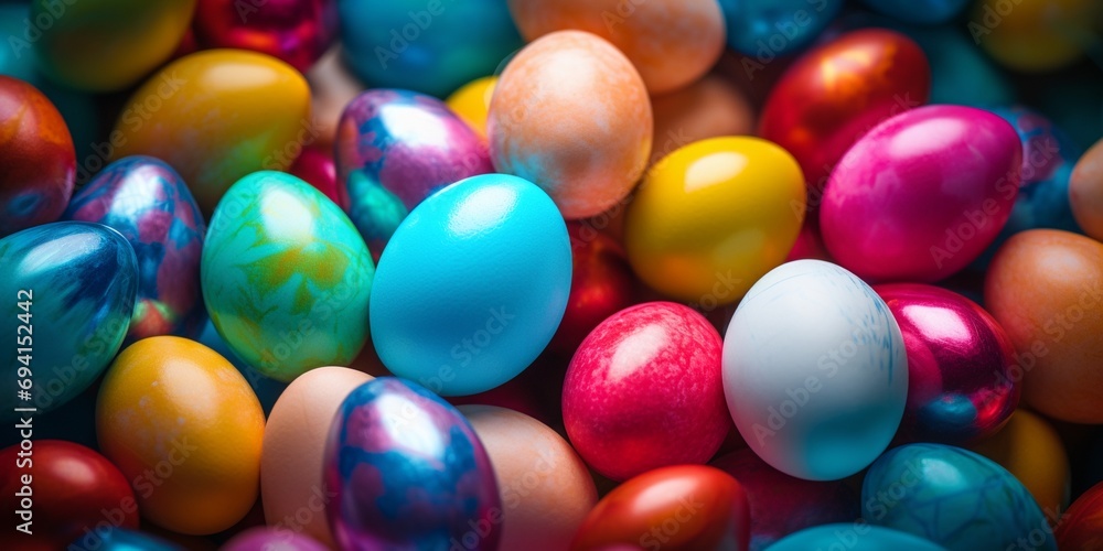 Pile of colorful shiny Easter eggs background, Blank white easter egg on colorful stack mock up, depth of field. Empty product for religious gift mockup. Food with colored paint for happ Pile of colorful shiny Easter eggs background, Blank white easter egg on colorful stack mock up, depth of field. Empty product for religious gift mockup. Food with colored paint for happ