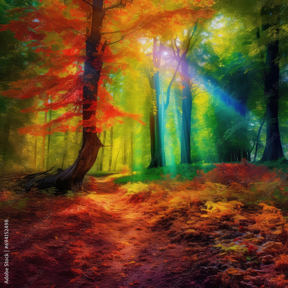 Bright orange, blue, green colors magical fairytale forest with sun rays between trees. Coniferous, mystic, enchanted atmosphere