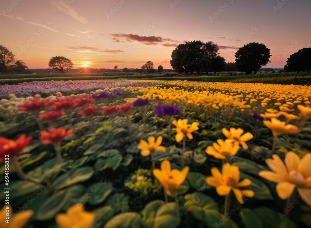 field of flowers photograph sunset orange sky with beautiful and colorful flowers 