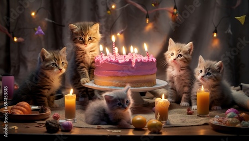 Obraz na plátně Group of kittens are happy near a birthday cake, concept of Playful animals