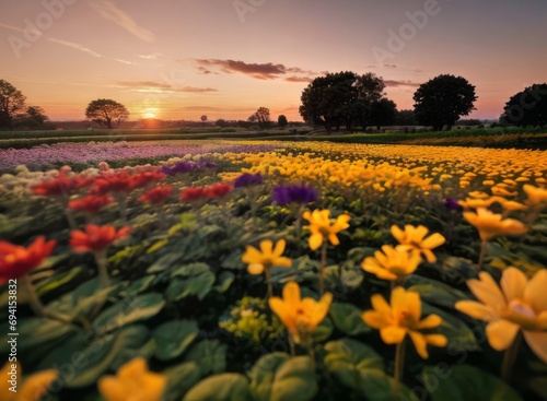 field of flowers photograph sunset orange sky with beautiful and colorful flowers 