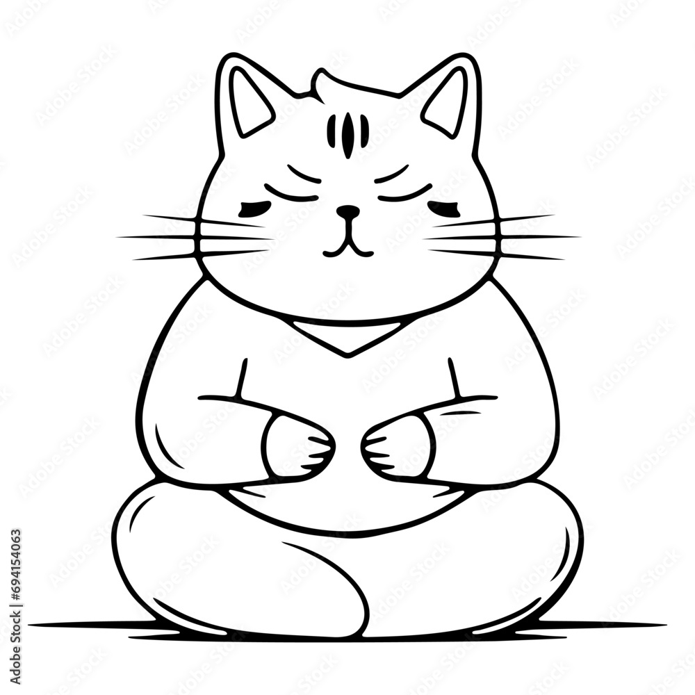 Obraz premium Chubby cat meditates. Vector line illustration