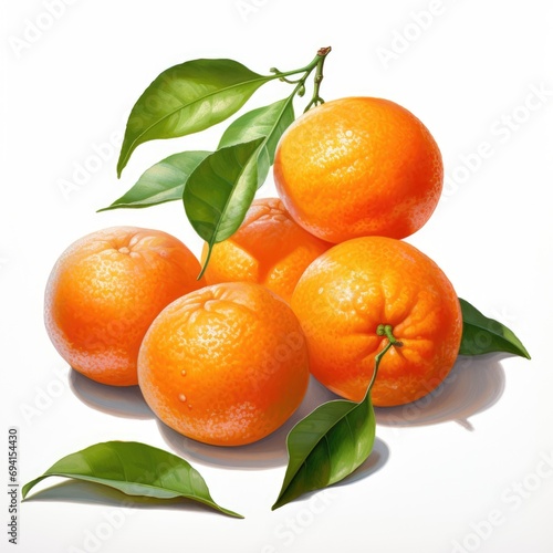 A group of oranges with leaves on a white surface.