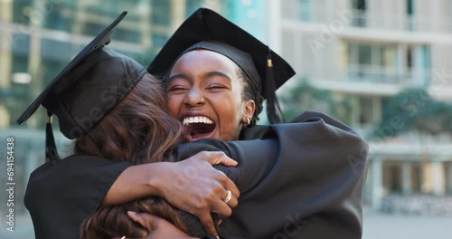 Graduation, friends hug and happy women in celebration of education achievement in university. Smile, graduate and excited students embrace, success at college event and support or congratulations