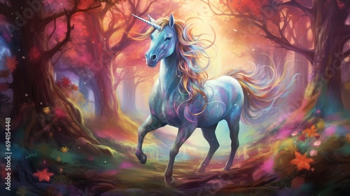 Magical colorful unicorn walking in the forest photo