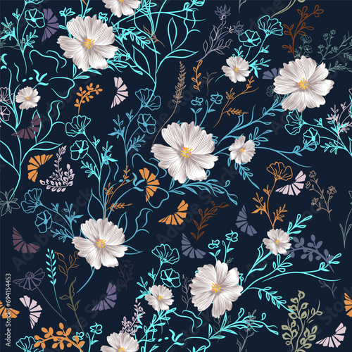 Fashion vector pattern with rustic flowers