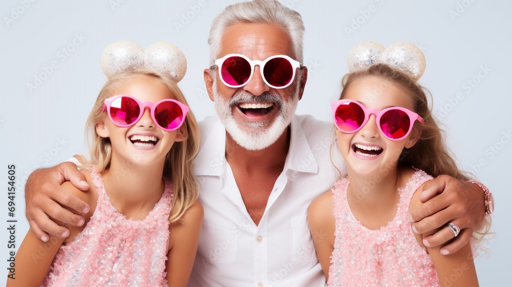Happy Father's Day concept, busy father organizes holiday on International children's day for two daughters, have home party, wear wreath and fashion sunglasses. - obrazy, fototapety, plakaty 