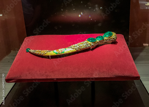 Topkapi Palace's Imperial Treasury Topkapi Dagger in Istanbul, Turkey.