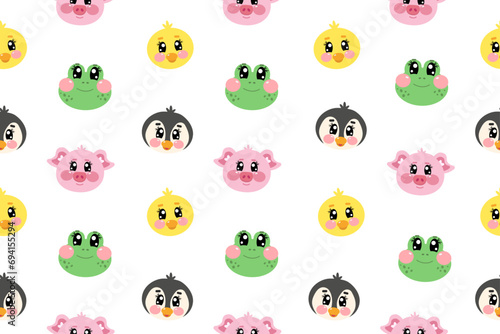 Cute kawaii seamless pattern with penguin  chick  frog and pig for kids on white isolated background