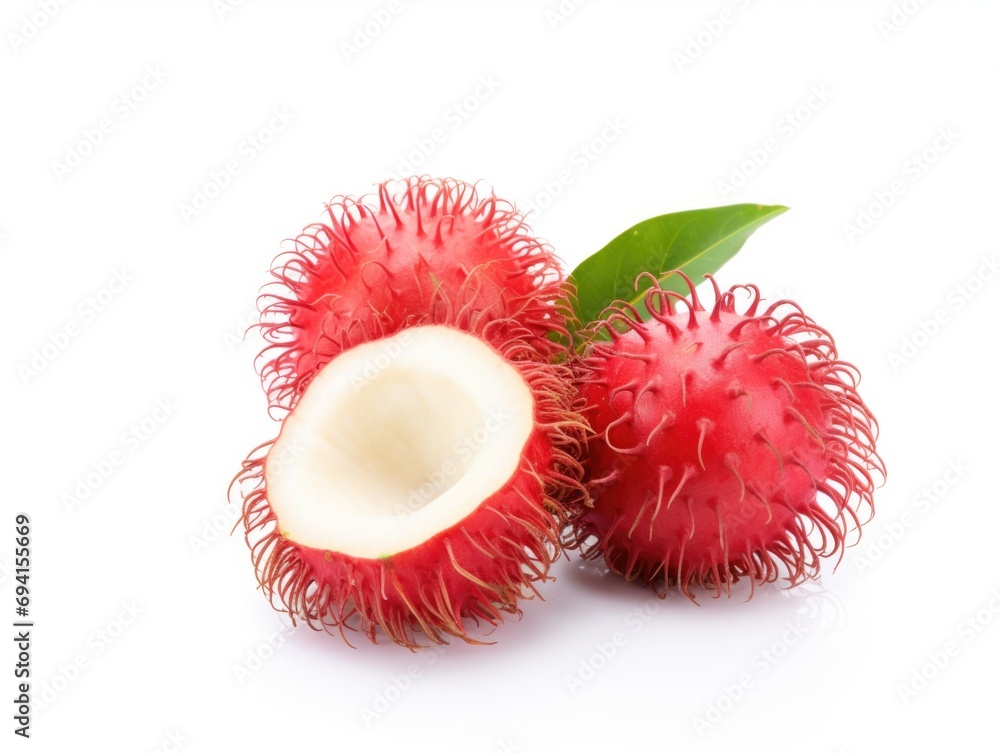 A close up of a rambutan fruit on a white surface. Empty wooden table with copy-space. A close up of a rambutan fruit on a white surface. Empty wooden table with copy-space.