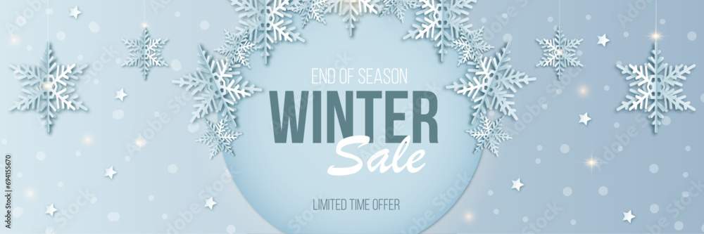 Winter sale banner snowflakes paper cut style. Vector Illustration Winter sale banner snowflakes paper cut style. Vector Illustration