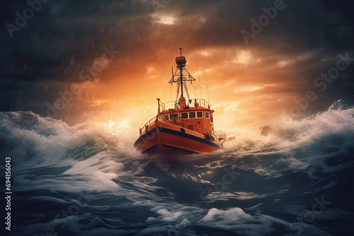 Rescue boat in ocean, concept of Life-saving vessel photo