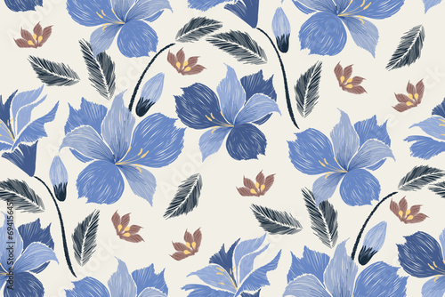Blue floral pattern seamless paisley embroidery with blue orchid flower motifs. Ethnic pattern oriental traditional ikat style. Ikat pattern seamless watercolour vector illustration design .