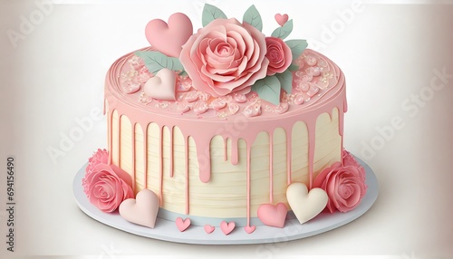 pink vanilla cake with roses and hearts