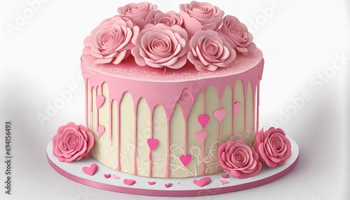 pink cake topped with icing and roses