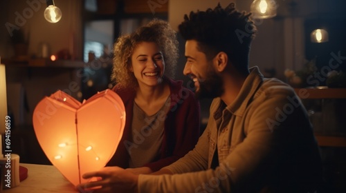 Smiling couple enjoying romantic dinner with heart-shaped light. Intimacy and love. photo