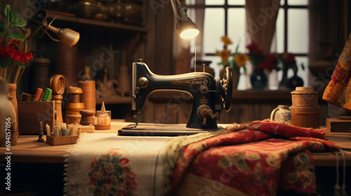 Antique sewing machine with vintage fabric and tools.