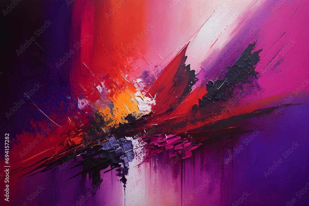 Fototapeta premium Exploring the interplay of colors, textures, and brushstrokes, a visually captivating composition charged with emotion is formed by a purple and red background featuring a painting.