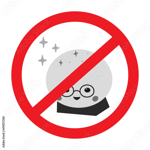 Magic crystal ball in grayscale under the ban sign. Cute character in glasses with stars. Sticker