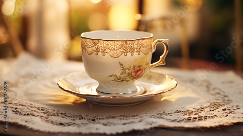 Antique teacup on a lace napkin.