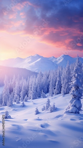A snow covered mountain with trees in the foreground.