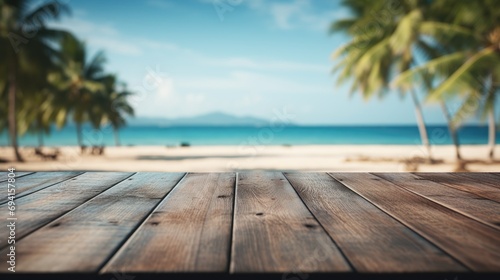 A wooden table with palm trees in the background. Empty wooden table with copy-space.