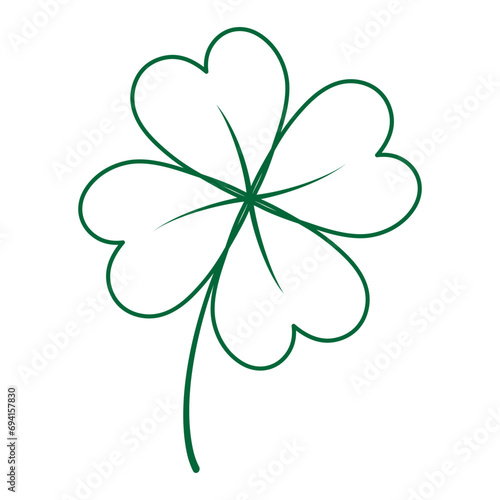 Outline drawing four leaf clover in trendy green color. St. Patrick sticker or icon design concept