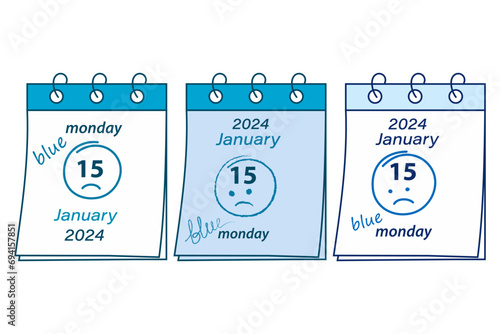 Set of 3 various calendar sheets with the date of Blue Monday 2024, January 15. Greetings concept