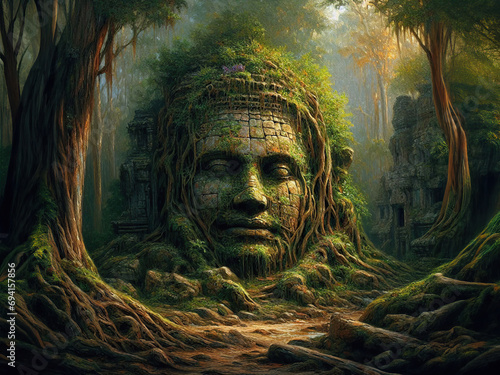 ancient stone face in the jungle