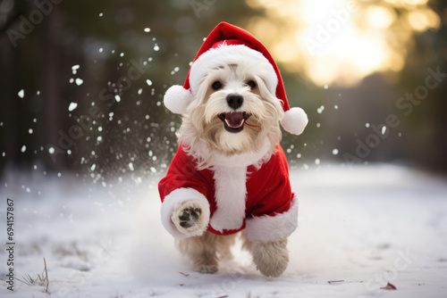 Dog running in snow with winter clothes like Santa Claus. Christmas style hat and sweater. Funny animals in winter. © Andrei