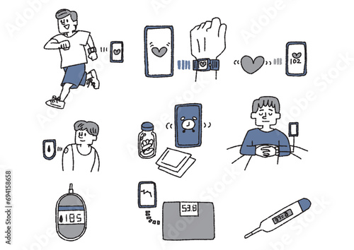 
スマート健康器具を使っている人のイラストセット　コミカルな手書きの人物　ベクター、線画にカラー
