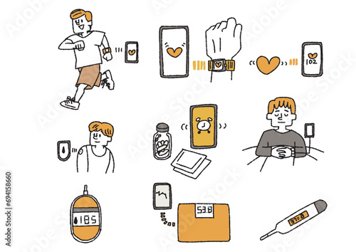 
スマート健康器具を使っている人のイラストセット　コミカルな手書きの人物　ベクター、線画にカラー
