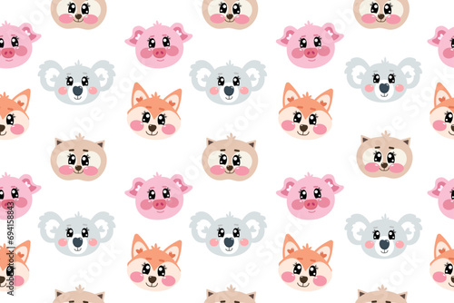 Seamless pattern with kawaii cute cartoon smiling little fox, pigs, cat and koala face, head for kids