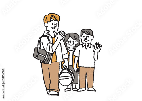実家を出ていく男性　別れを惜しむ人々のイラスト