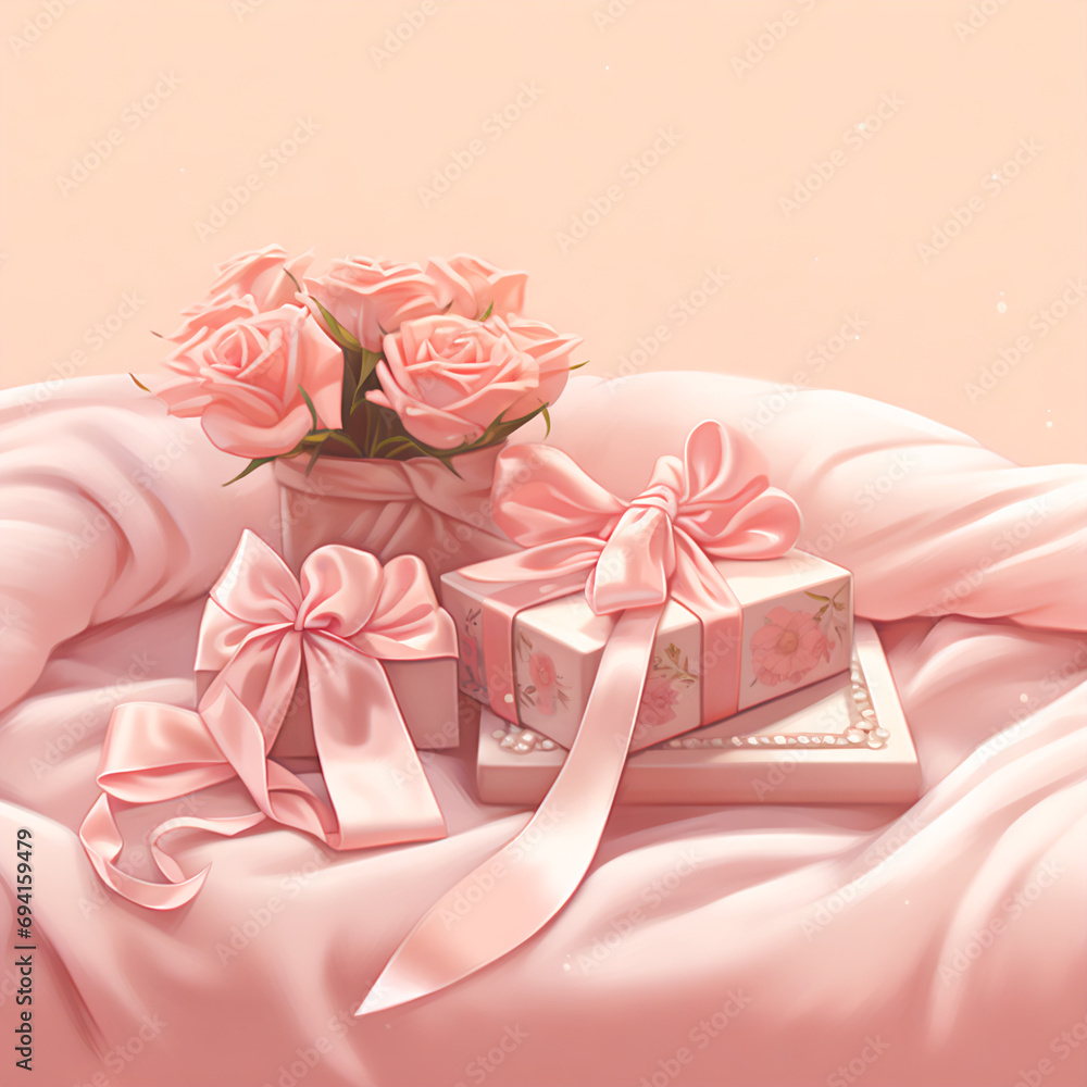 Miniature Bed Illustration with Layered Watercolor Flowers on Blush Pink Background for Valentine's Day Card Miniature Bed Illustration with Layered Watercolor Flowers on Blush Pink Background for Valentine's Day Card