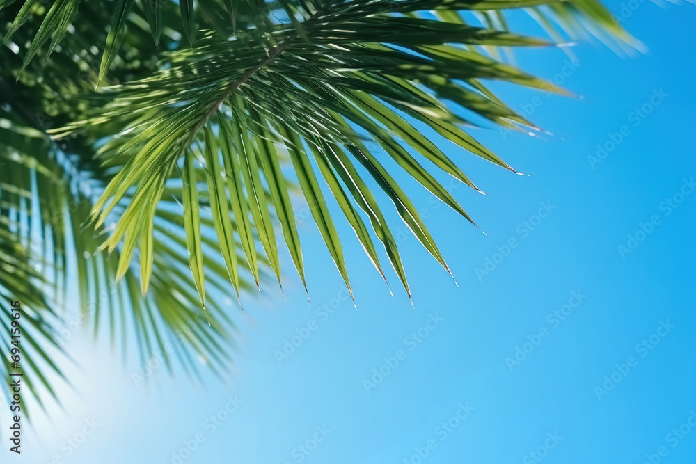 Palm leaf against blue sky, view from ground. Summer tropical background