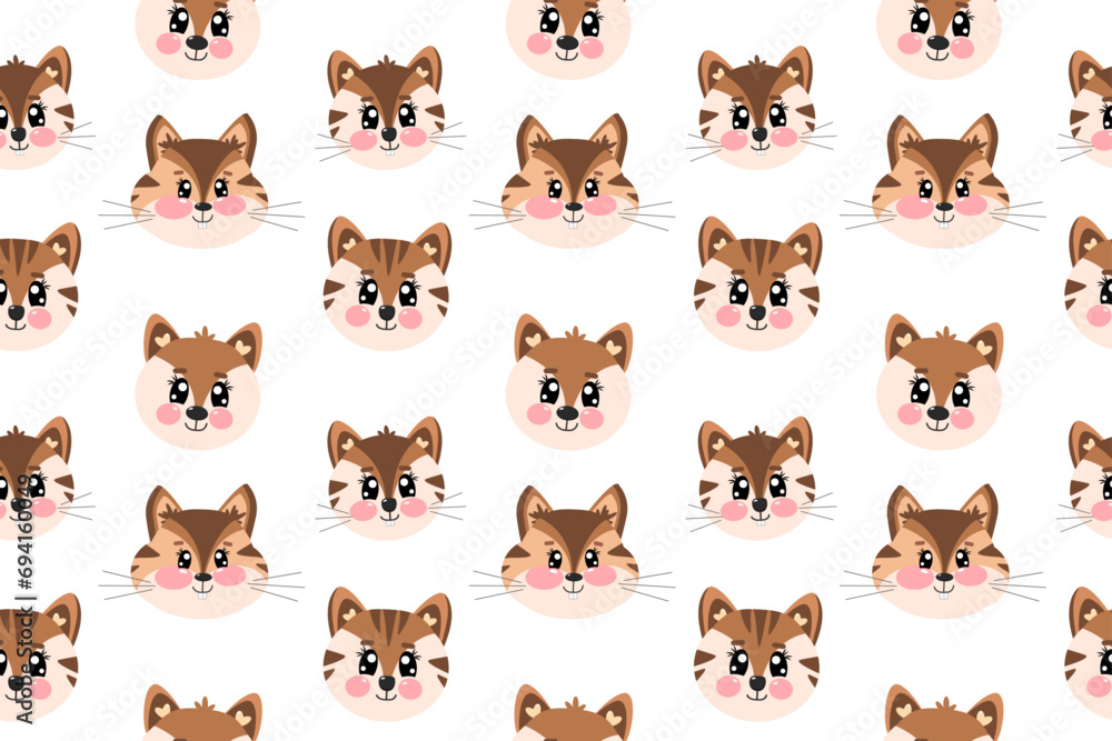 Seamless pattern with cartoon kawaii cute little face, head of tiger, fox and chipmunk face for children isolated on white background. Vector cartoon illustration for baby, kids