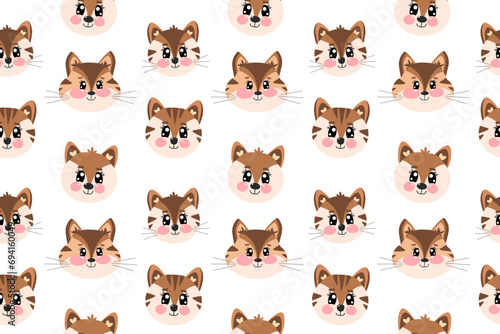 Seamless pattern with cartoon kawaii cute little face, head of tiger, fox and chipmunk face for children isolated on white background. Vector cartoon illustration for baby, kids