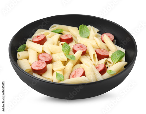 Tasty pasta with smoked sausage and basil in bowl isolated on white