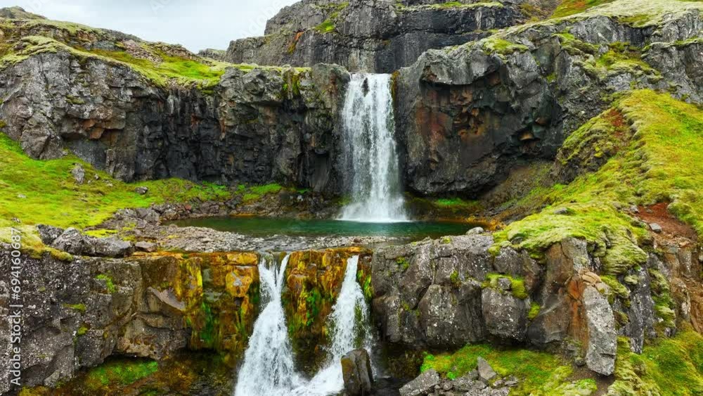 Spectacular waterfalls in mountains, Beautiful aerial view from Iceland in summer season, Icelandic highlands, wild river with cold glacial water Spectacular waterfalls in mountains, Beautiful aerial view from Iceland in summer season, Icelandic highlands, wild river with cold glacial water