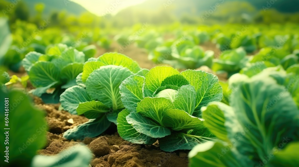 A field of lettuce growing in the sun. A field of lettuce growing in the sun.