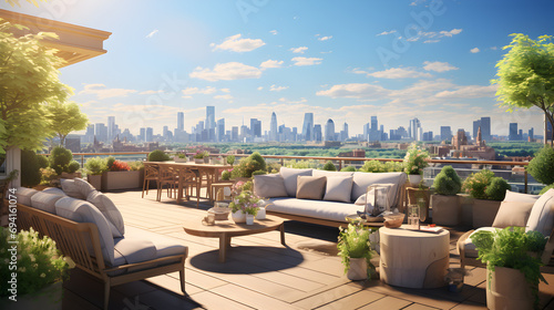 A chic rooftop scene with city views, lounge chairs, and a sunny atmosphere photo